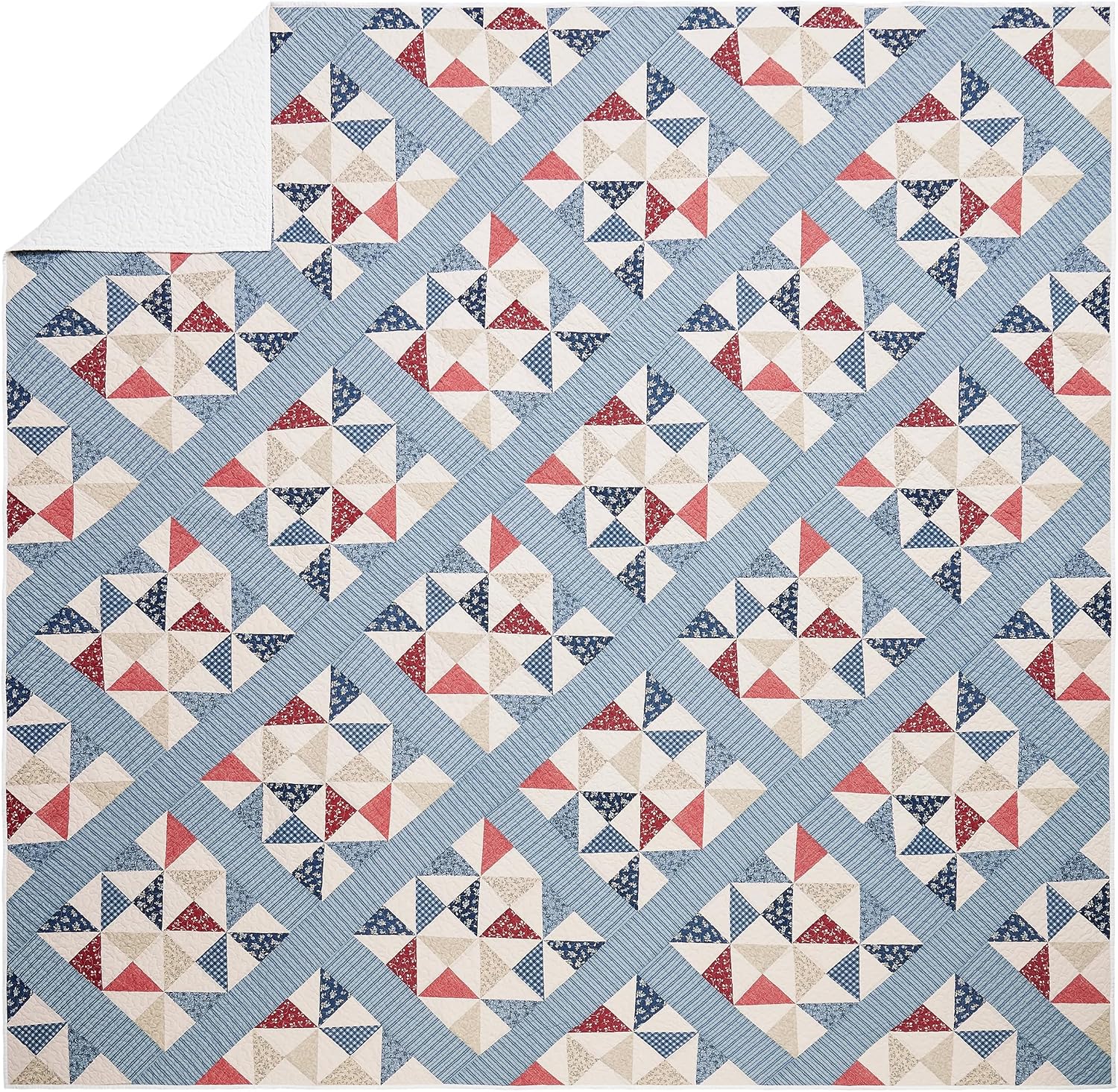 Modern Heirloom Americana Heartland Quilt Set, Full/Queen | Pieced Sashing with Printed Star & Pinwheel Blocks| Red, White, and Blue| Cotton Face and Fill| 3-Piece