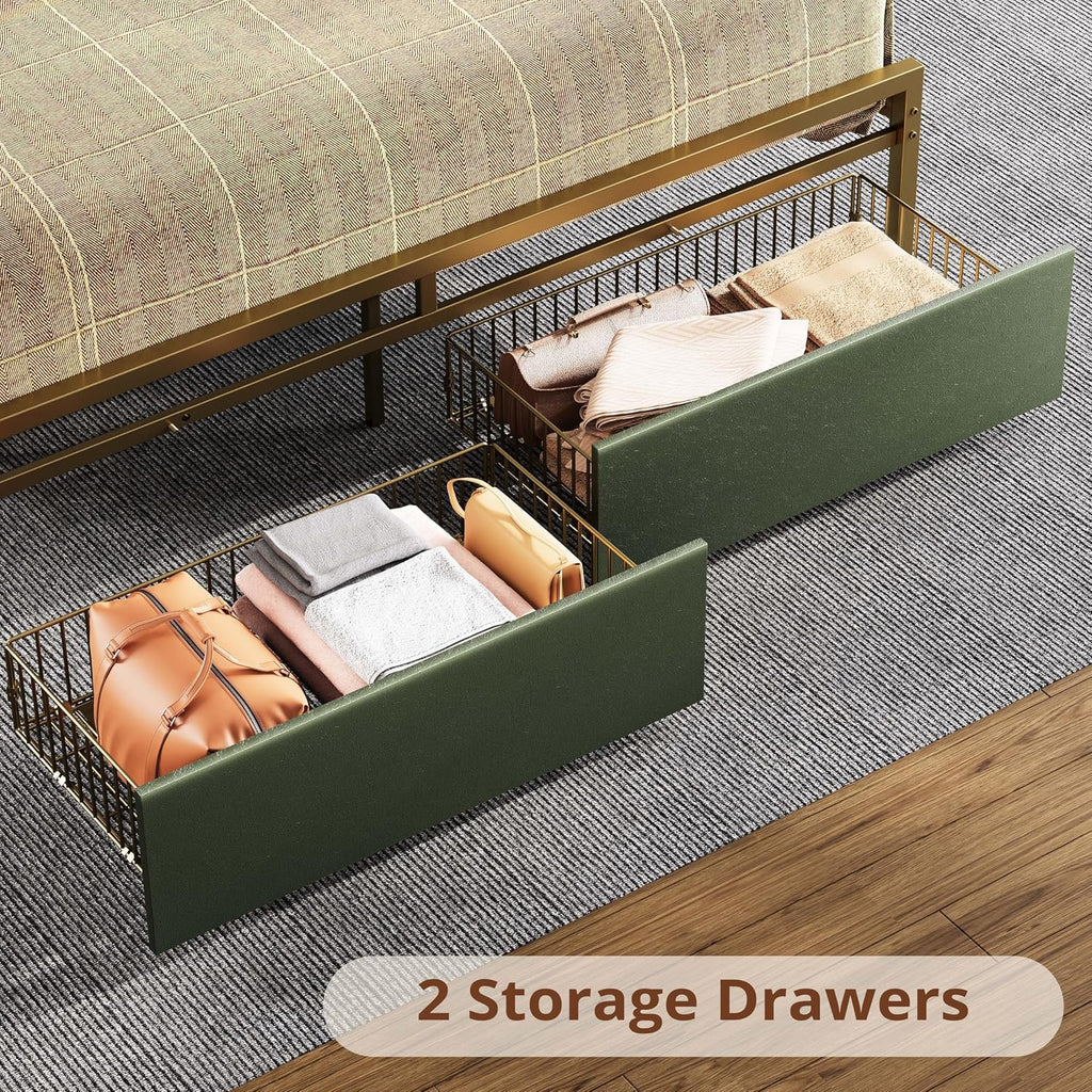 LIKIMIO Queen Bed Frame, Storage Headboard with Charging Station, Platform Bed with Drawers, No Box Spring Needed, Easy Assembly, Dark Green