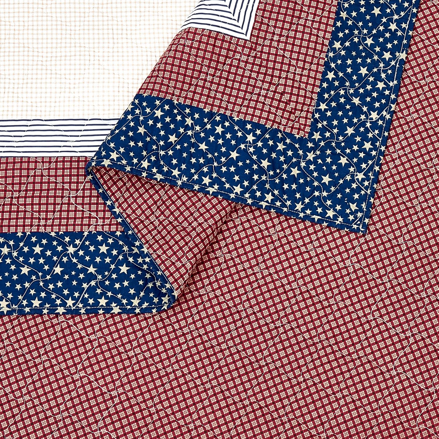 Lone Star 3-Piece 100% Cotton Quilt and Pillow Sham Set, Americana Vintage-Inspired Coverlet Quilt Set - King Size, Red/Blue/Cream