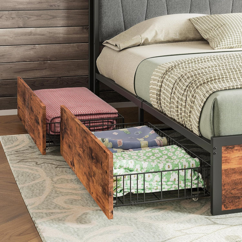 LIKIMIO King Bed Frame with 4 Storage Drawers, Platform Bed with Charged Headboard, Sturdy and Stable, No Noise, No Box Spring Needed, Easy to Install, Vintage Brown and Gray