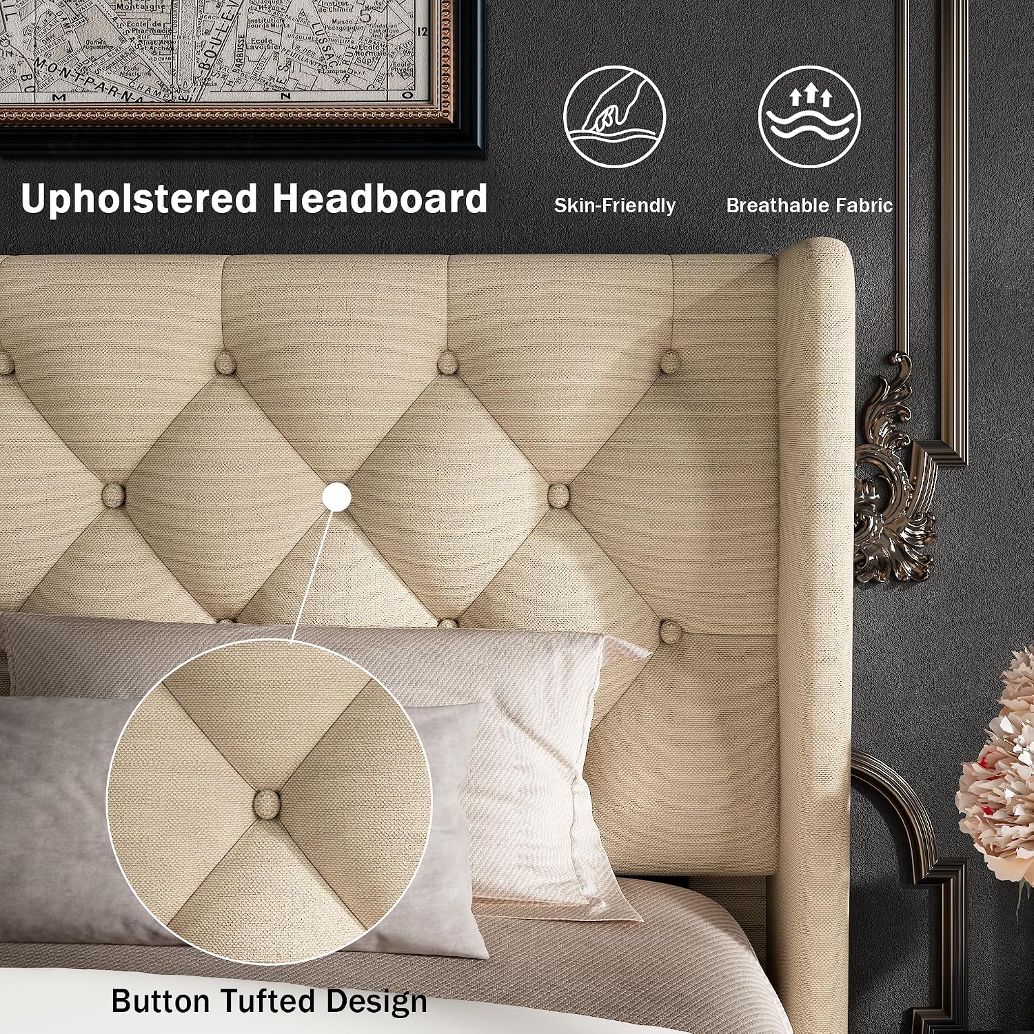 GalnFu Queen Size Bed Frame with Button Tufted Upholstered Headboard, Platform Bed Frame w/Sturdy Base Supports, Noise Free, No Box Spring Needed, Easy Assembly, Beige